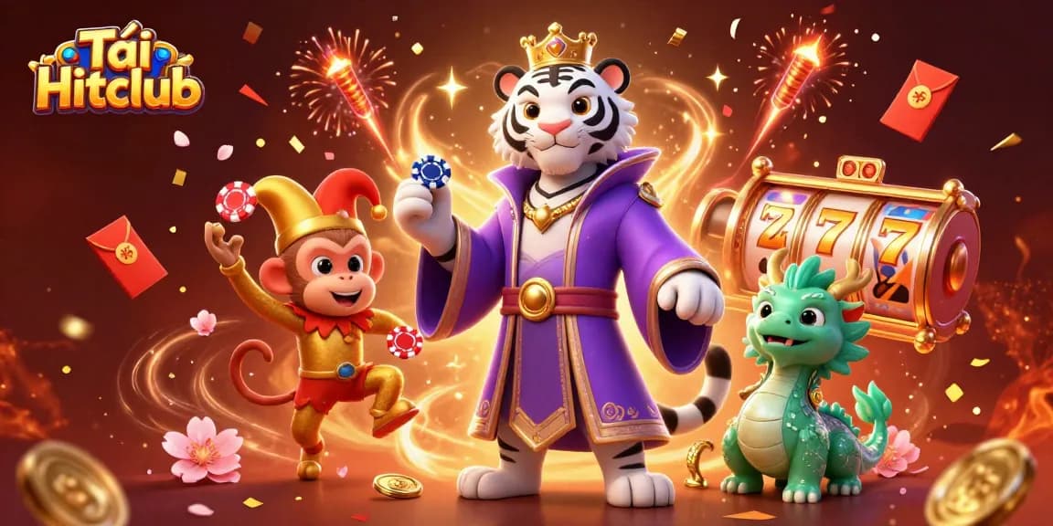 Tải Hitclub and win big with exciting Jackpot slots and vibrant 3D casino characters in a magical scene.