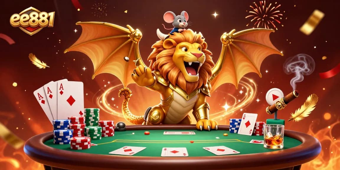 Experience thrilling poker action with ee881's dynamic casino illustration featuring a roaring chimera.