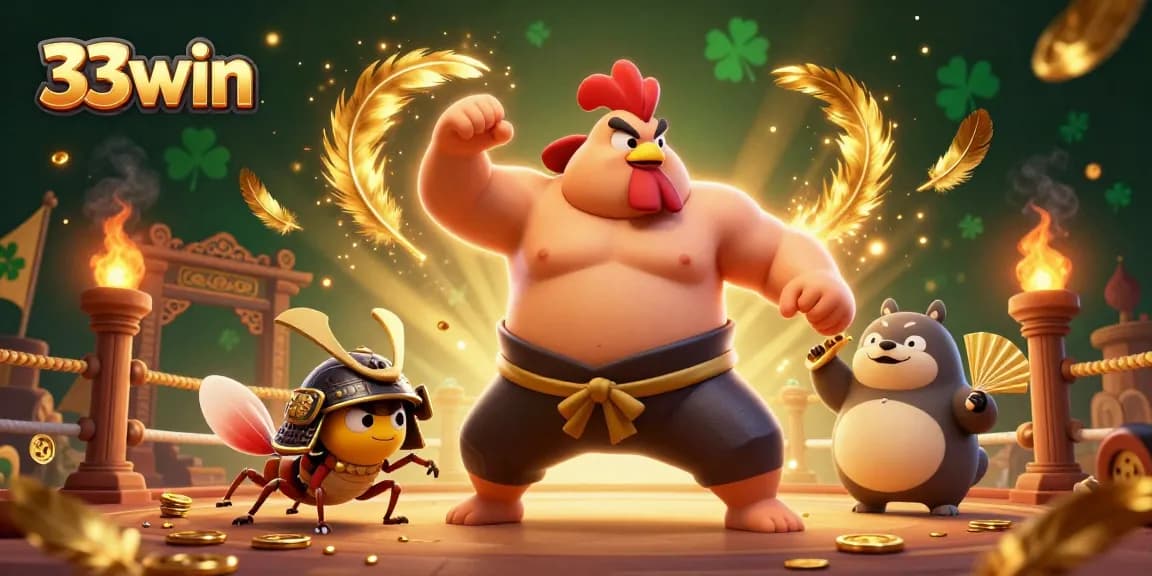 Engage with 33win in this vibrant casino scene featuring a sumo rooster and samurai cricket.