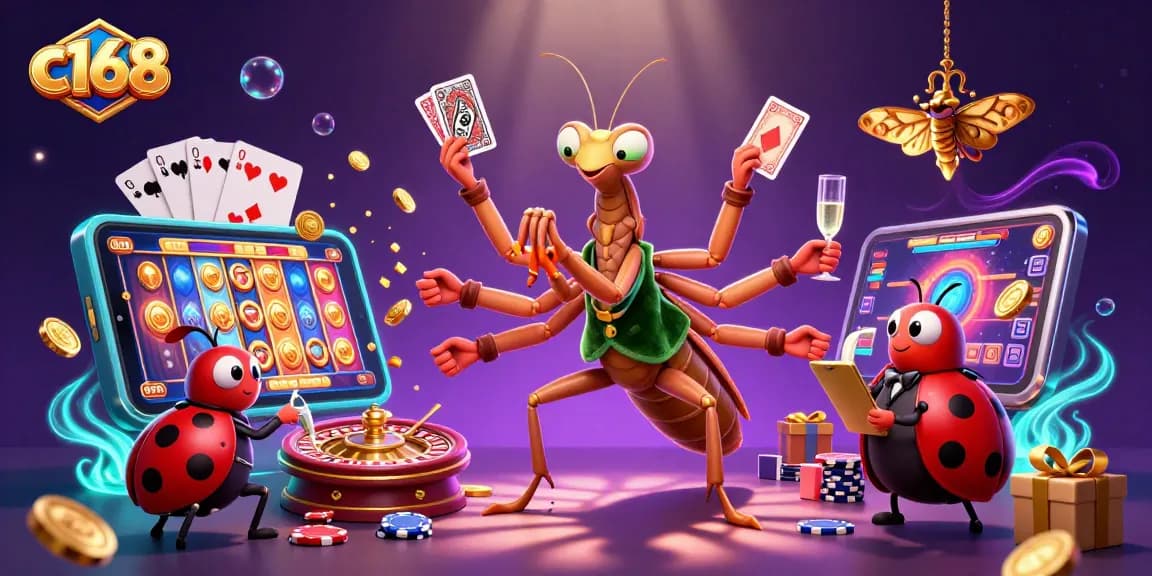Experience exciting gameplay at c168 as a giant mantis and ladybug create a vibrant casino atmosphere.