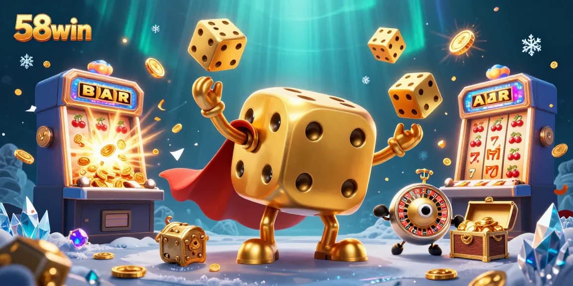 Experience thrilling action at 58win as golden dice juggles in a vibrant casino scene.