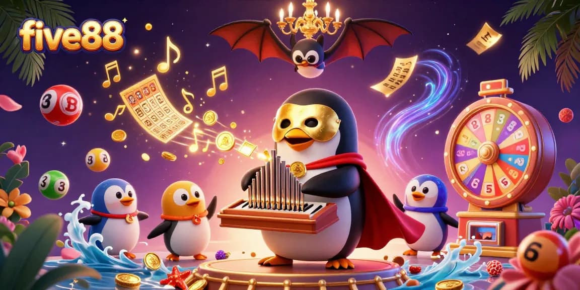 five88 gaming scene showcasing the penguin playing an organ, surrounded by lottery elements and gold coins