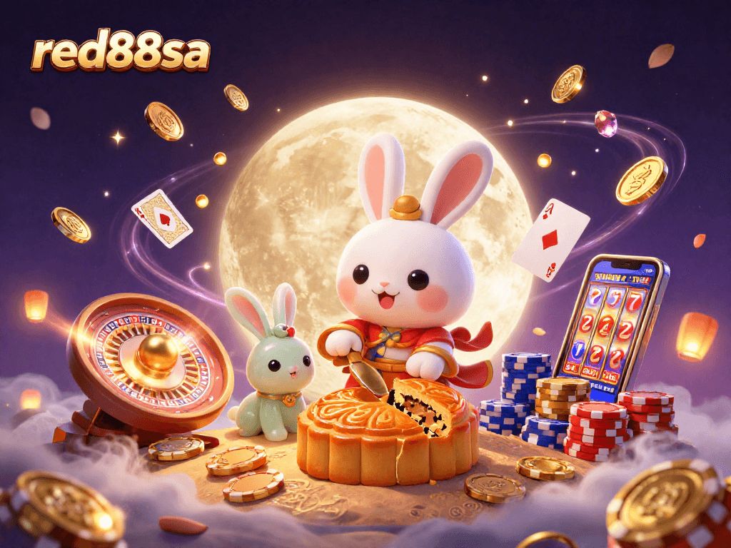 Experience thrilling gameplay with red88sa's moon rabbit theme, showcasing poker chips and golden coins.