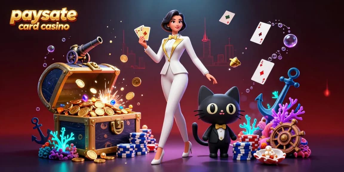 Engagieren Sie sich im Action im Paysafe Card Casino mit einer glamourösen Frau und einer schwarzen Katze, die Poker spielen, umgeben von Schätzen.