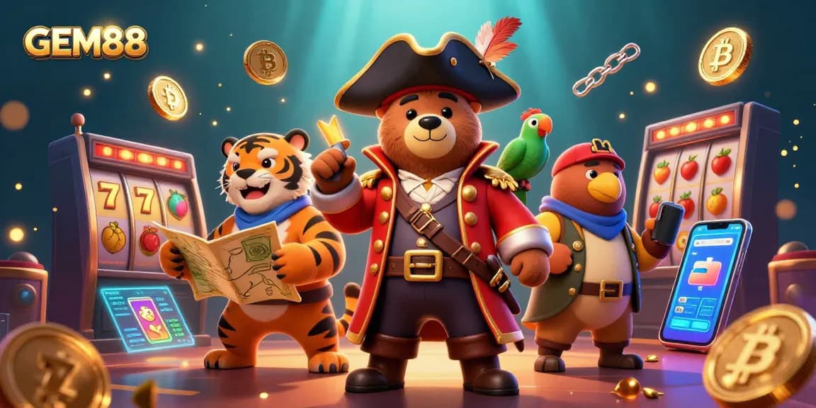 Experience GEM88's vibrant casino adventure with a pirate bear, tiger, and parrot in action.