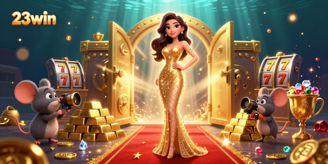Win at 23win with vibrant slots and treasures in a dazzling casino scene.