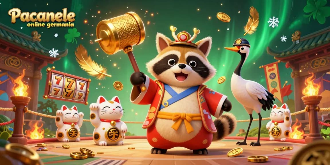Engage with Pacanele online germania featuring cheerful tanuki and vibrant slot game elements.