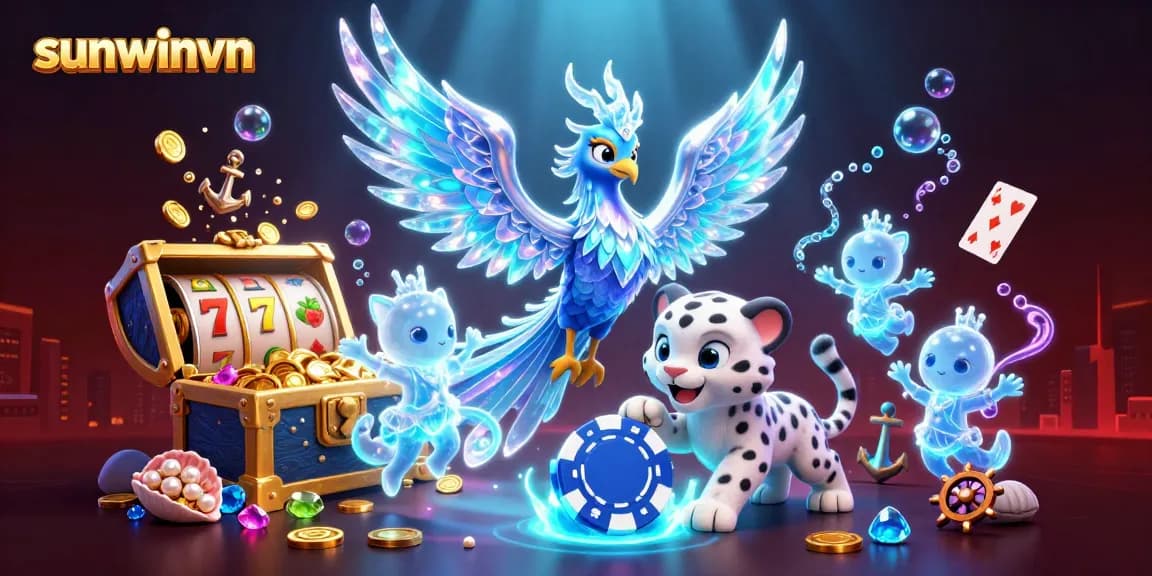 Engage with sunwinvn's vibrant casino world featuring a magical scene with ice phoenix and playful snow leopard.