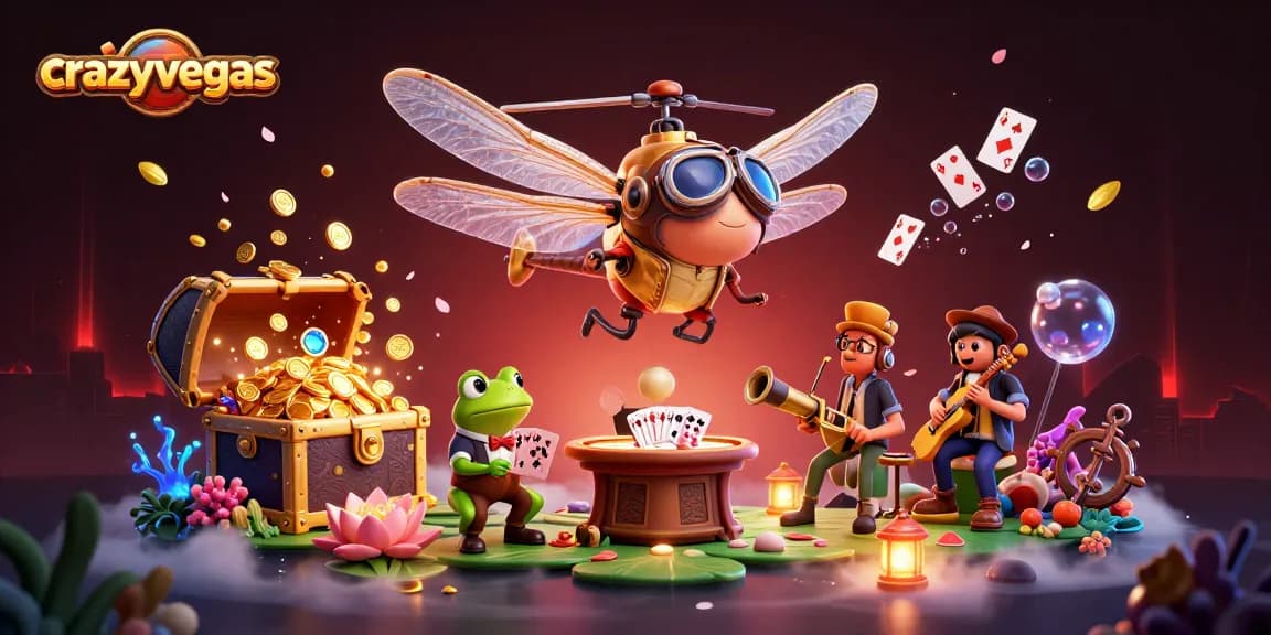 Engage with crazyvegas as a dragonfly pilot, frog croupier, and cricket musicians create a lively casino scene.