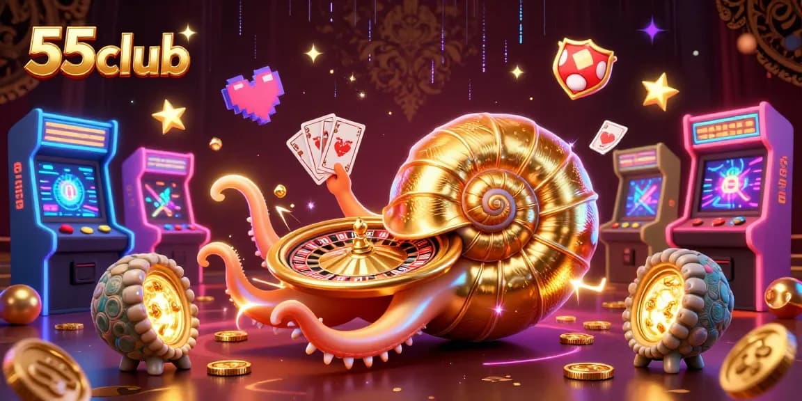 Engage in exhilarating gameplay at 55club with a lively 3D illustration of an ancient nautilus and casino elements.