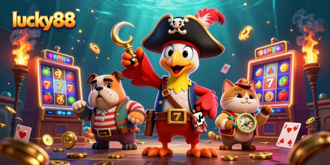 Engage in fun with lucky88 as a pirate captain and friends enjoy a thrilling slot machine adventure.