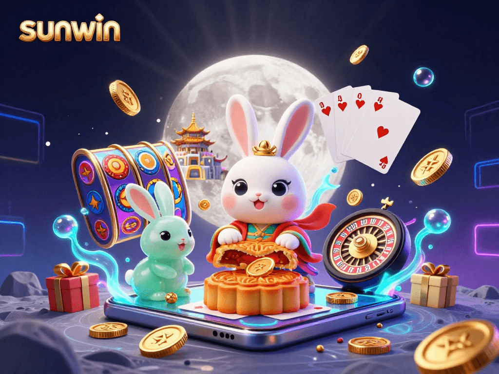 Engage in thrilling gameplay at Sunwin featuring vibrant slot games, poker chips, and enchanting moon rabbits.