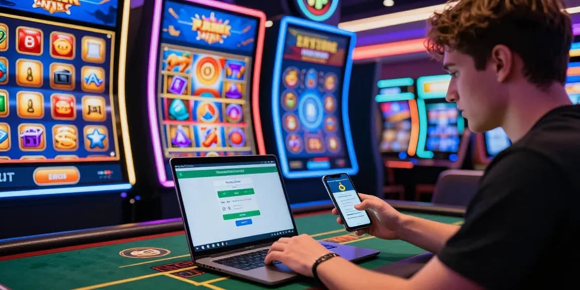 Spieler, der in einem Paysafe Card Casino aktiv ist und begeistert digitale Geräte nutzt, umgeben von lebhaften Online-Spiel-Elementen.