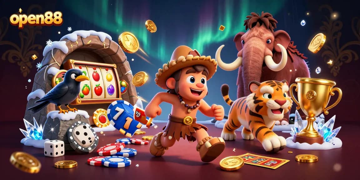 Engage with open88 as a vibrant prehistoric casino scene featuring lively characters and dynamic slot reels.