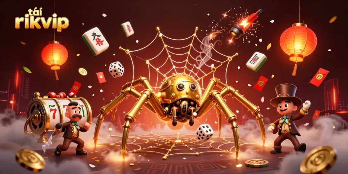 Engaging scene illustrating tải rikvip with golden spider, Victorian fly, and dynamic casino elements.