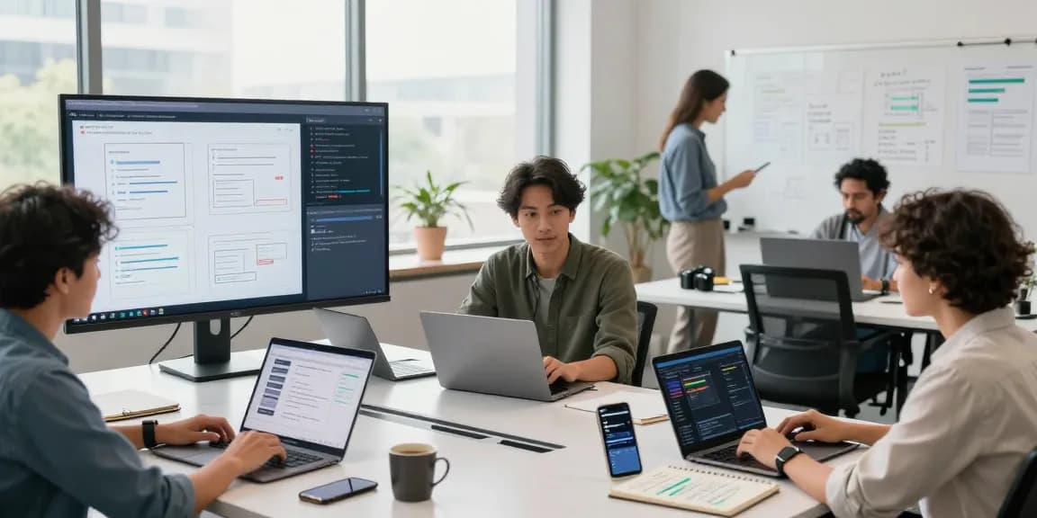 Team collaborating to build internal tools with AI, showcasing a modern workspace with laptops and digital designs.