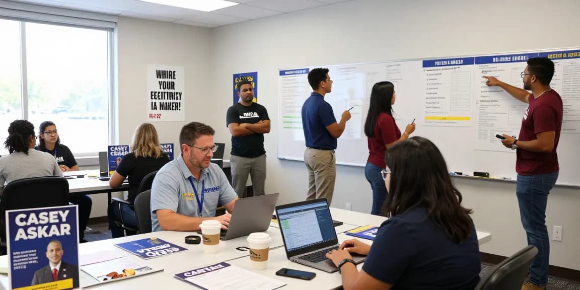 Casey Askar's campaign headquarters showcasing volunteers strategizing for FL-22 election.