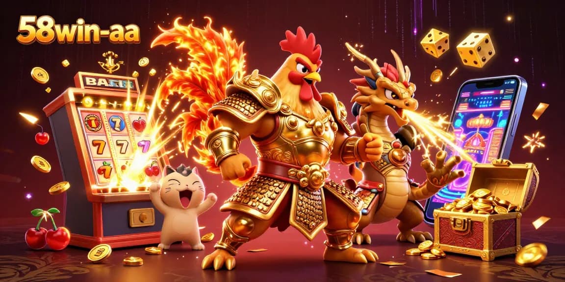 Experience the thrilling world of 58win-aa with a dynamic illustration of a rooster warrior, dragon hatchling, and vibrant gaming elements.