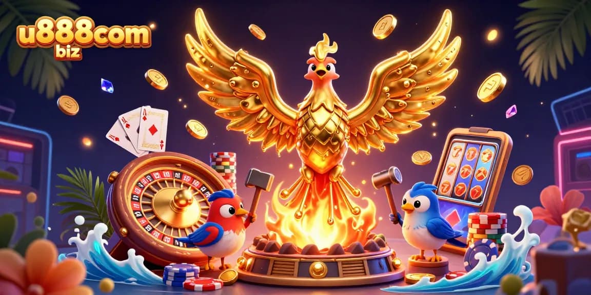 Join the excitement at u888com biz with a golden phoenix symbolizing winning opportunities in online gaming.