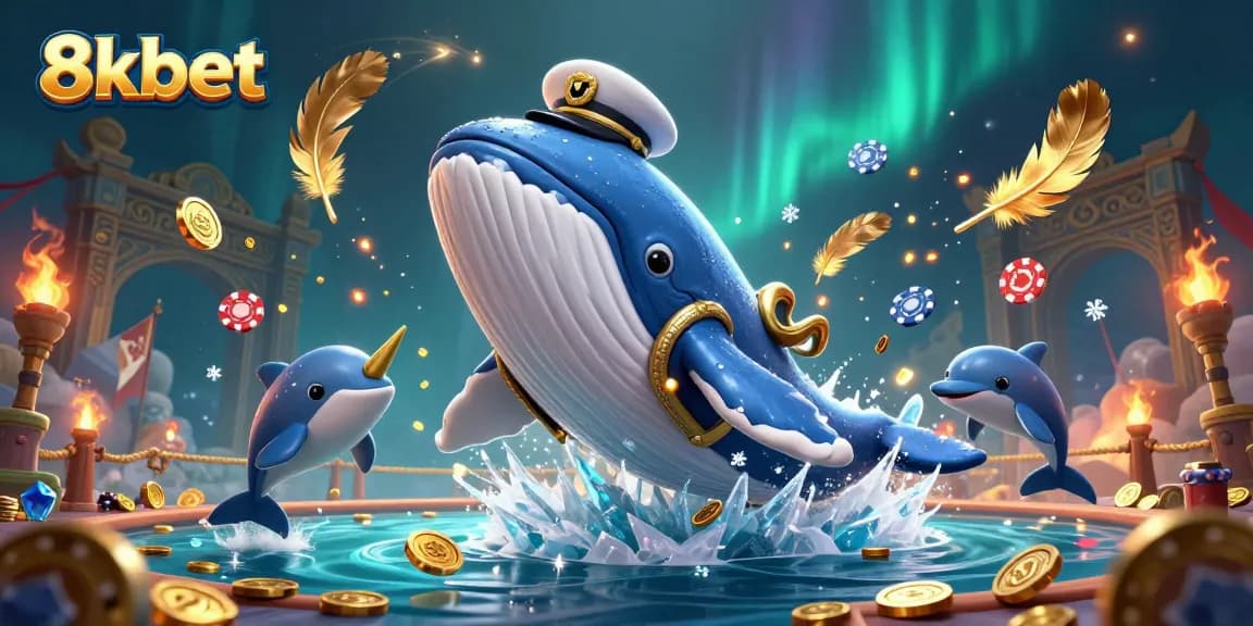 Join the fun at 8xbet with playful dolphins and a whale breaching in a sea of casino tokens.