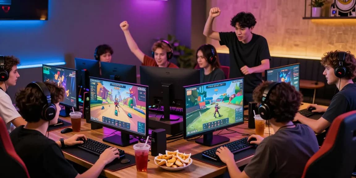 Gamers enjoying an exciting experience on B52 platform at https://b52a.jp.net/ with vibrant LED lights and games.