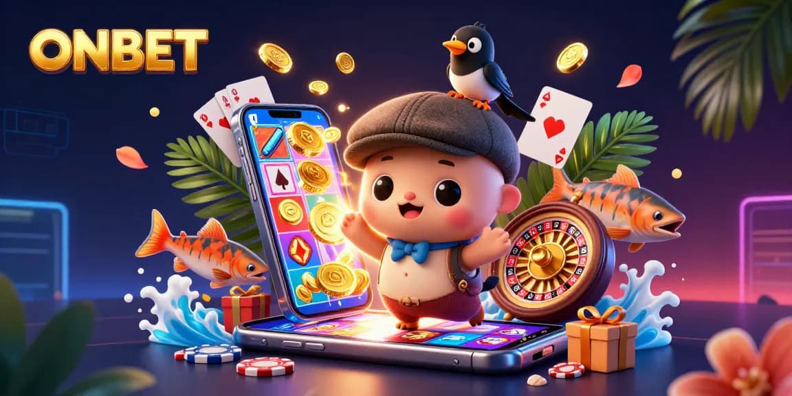 Engage with ONBET featuring fun characters and vibrant gaming elements in a 3D casino illustration.