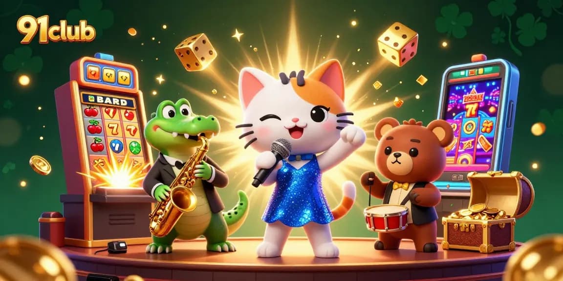 Engaging 91club scene with jazz-singer cat, saxophone crocodile, and drummer bear amidst casino excitement.