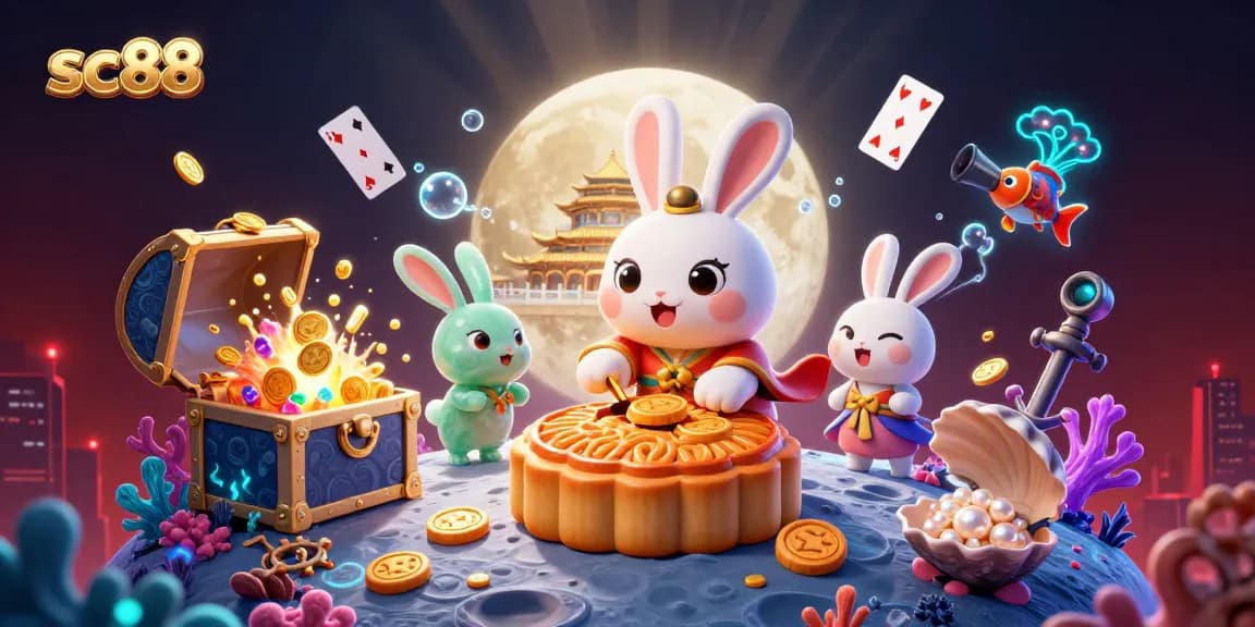 sc88 features a lively moon rabbit pounding mooncakes revealing poker chips, captivating casino elements abound