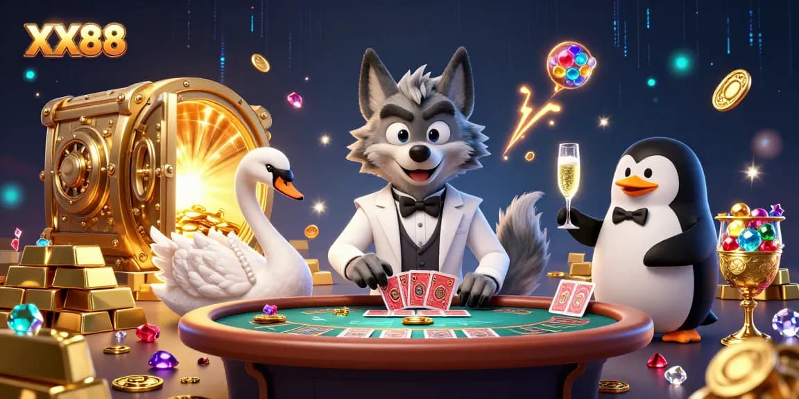 Experience thrilling moments at XX88 with a debonair wolf and elegant gaming scene.