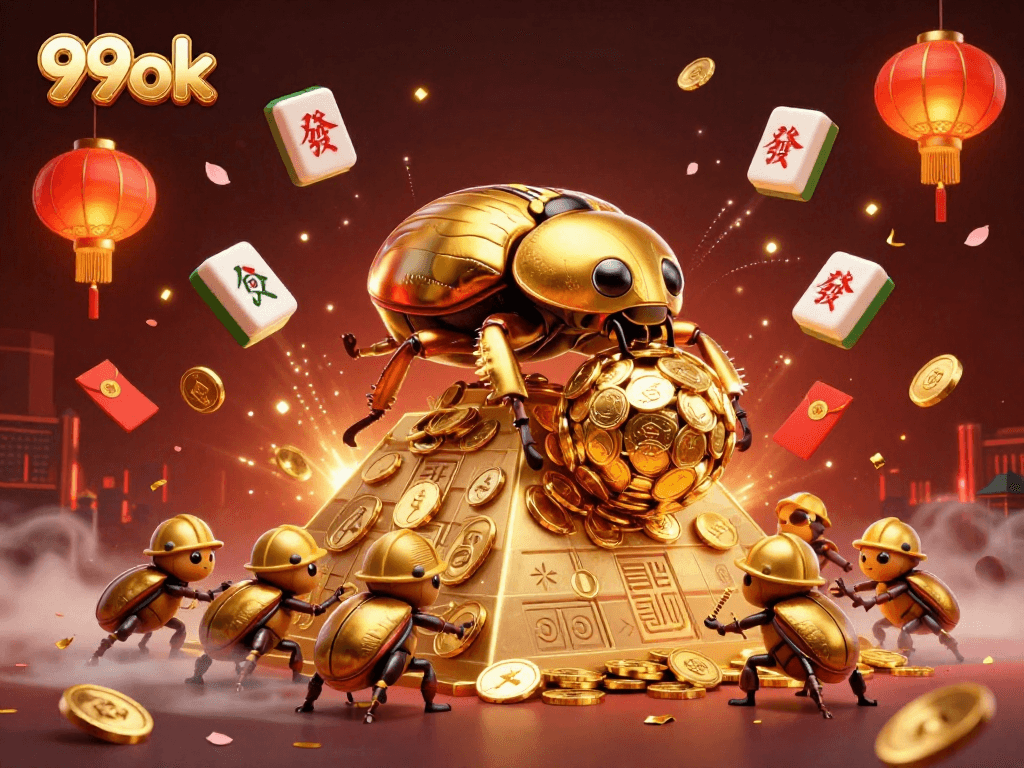 Play and win big with 99ok in a festive casino-themed adventure illustration.