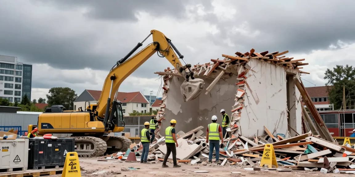 Abriss und Entkernung Augsburg: Arbeiter beim professionellen Abriss eines alten Gebäudes mit modernen Maschinen und Sicherheitsausrüstung