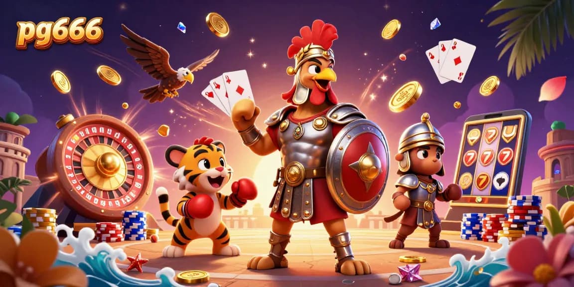 Win big with pg666 in this vibrant casino scene featuring golden coins and slot machine reels.