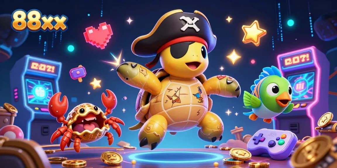 Join the thrilling 88xx experience with a pirate turtle and friends above hidden treasures in vibrant 3D.