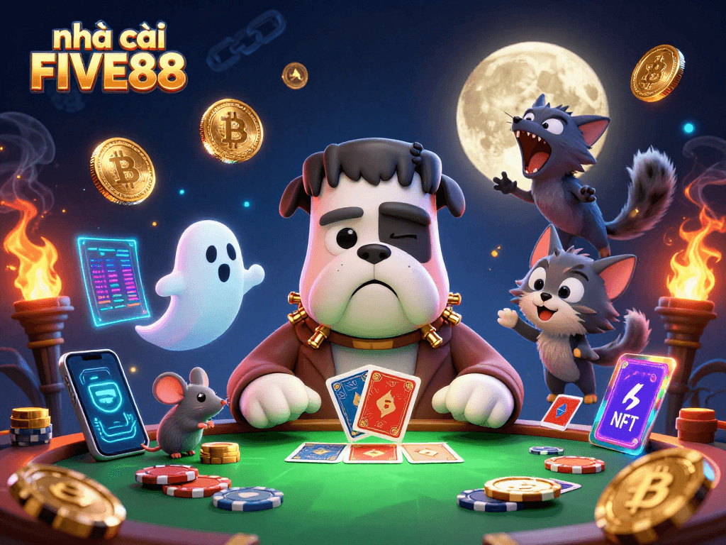 Engage with thrilling gameplay at nhà cái FIVE88 featuring a spooky casino scene with unique characters.