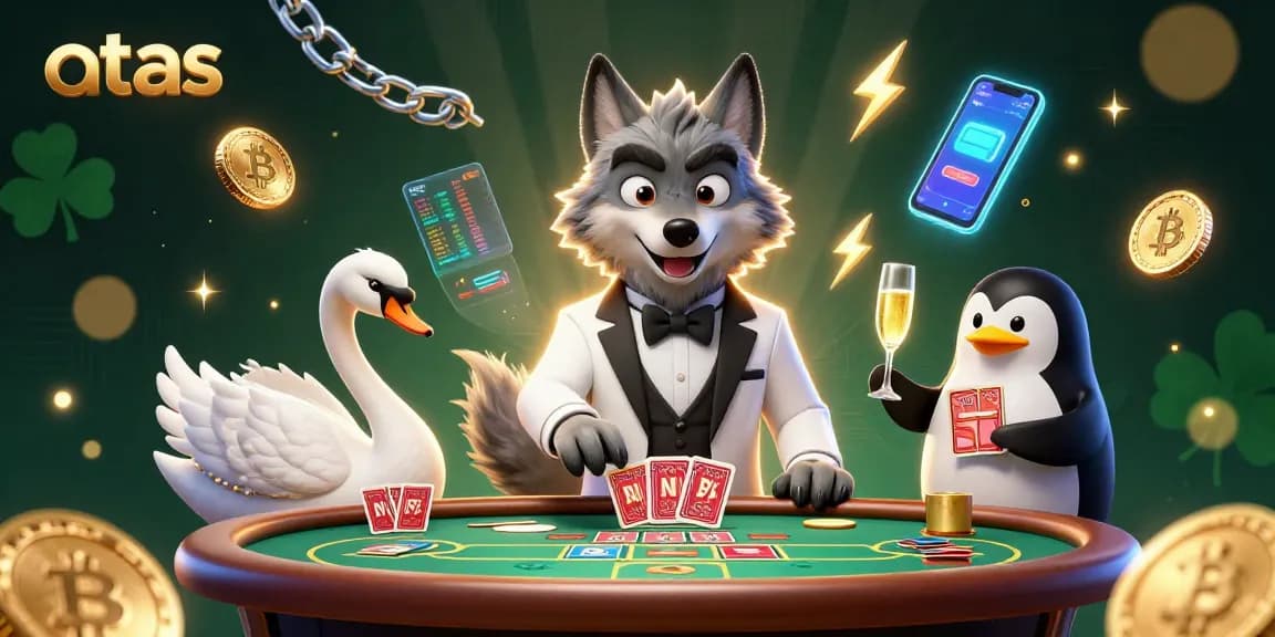 Win big with ATAS in a lively casino scene featuring luxury characters and crypto elements.
