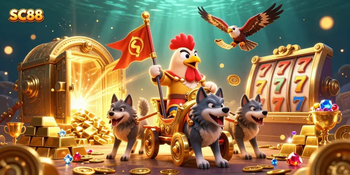 Experience SC88's thrilling casino adventure with a dynamic battle scene featuring a rooster warlord and gold treasures.