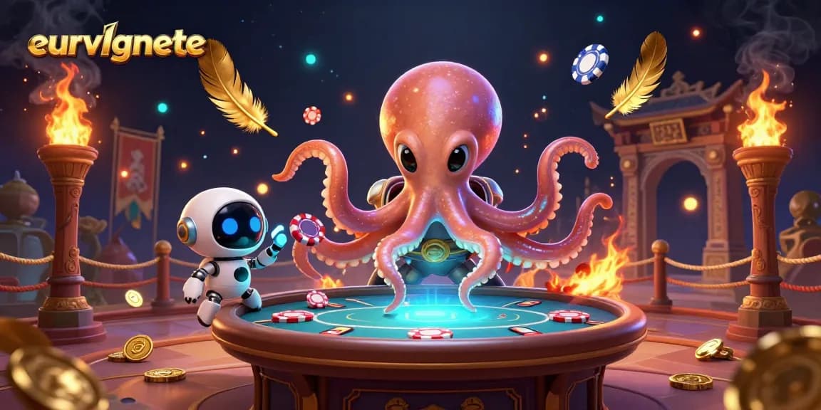 Engage with eurvlgnete's thrilling poker scene featuring an alien octopus and a robot in space.
