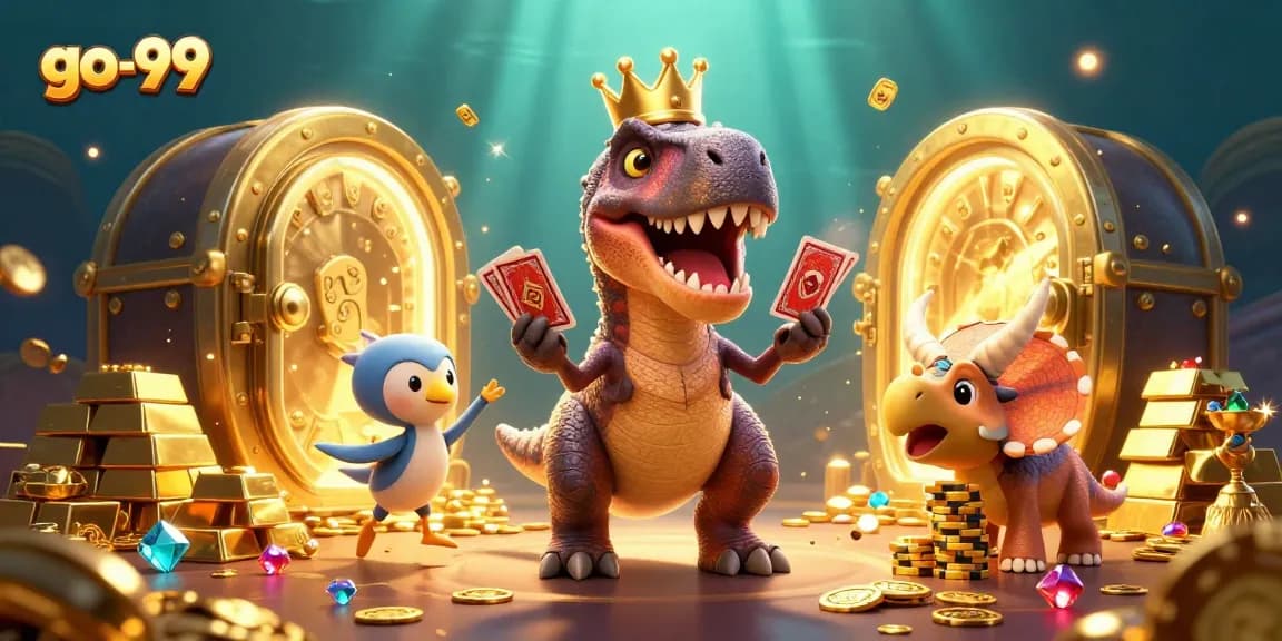 Experience thrilling gameplay with go-99, where a dinosaur-themed casino scene unfolds, featuring card games.