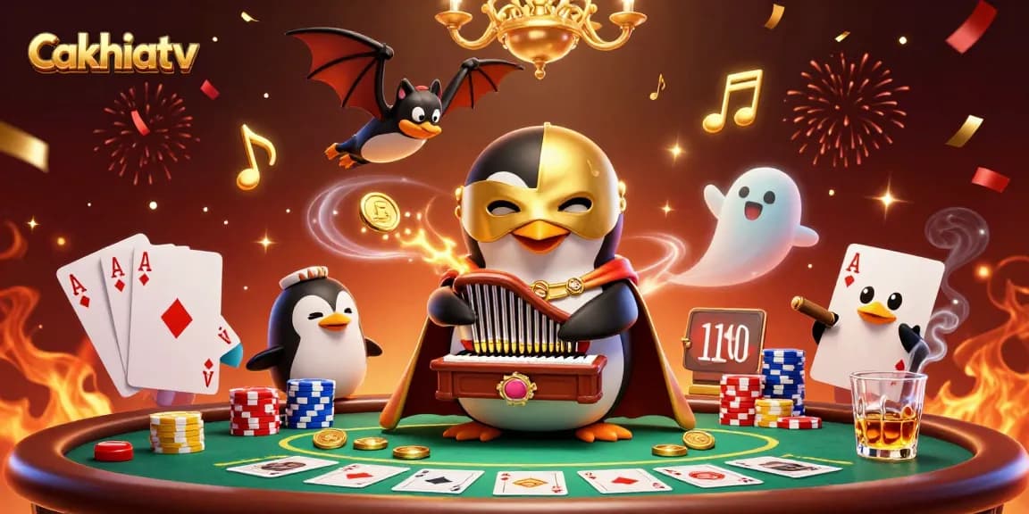 CakhiaTV showcases a vibrant casino scene with a phantom penguin playing an organ shooting coins.