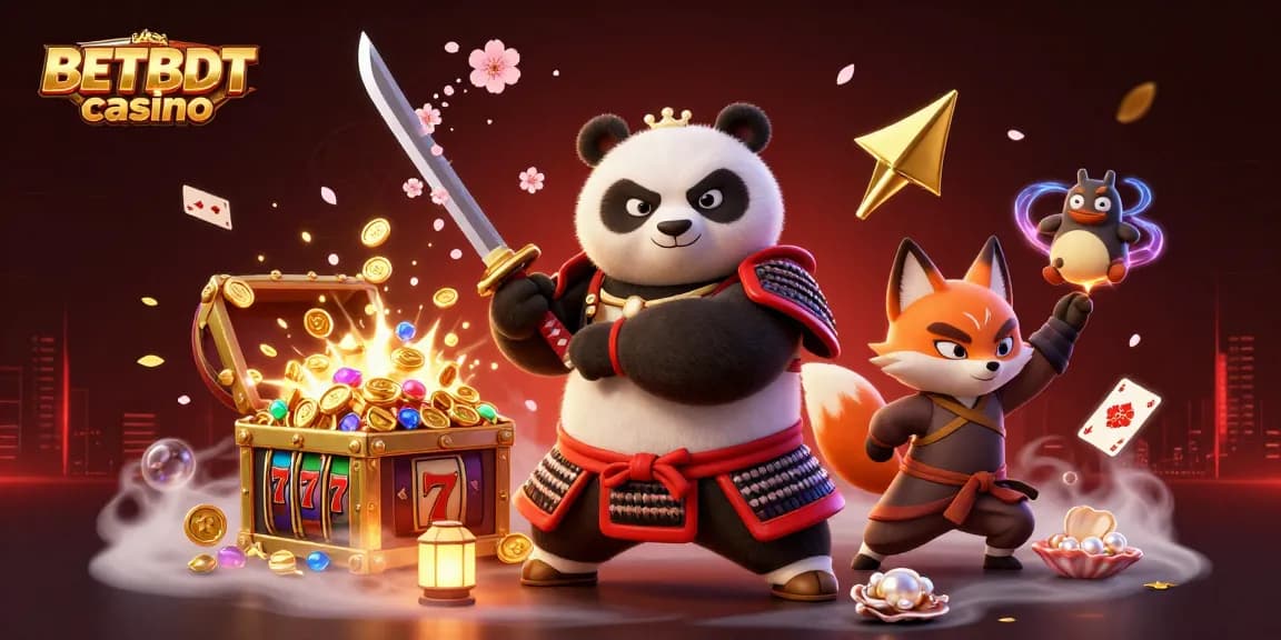 Experience the thrills of BETBDT casino with samurai panda, ninja fox, and vibrant gaming elements.
