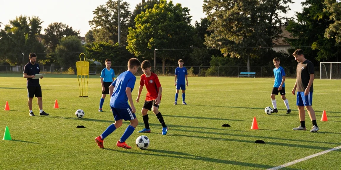 Fußballbedarf kaufen bei Mantom - Junge Spieler trainieren mit hochwertigen Bällen auf dem Platz.