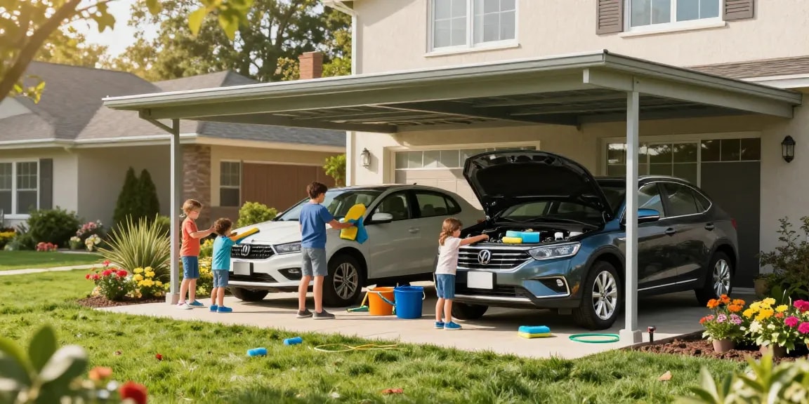 Ein attraktiver Carport mit einer Familie, die ihre Fahrzeuge pflegt, in einem einladenden Garten beim Sonnenlicht.