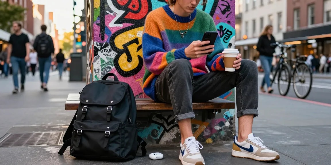 Stylische Person mit Smartphone, Deutsche Instagram Likes kaufen im urbanen Umfeld, lebendige Graffiti-Wände und trendige Kleidung.