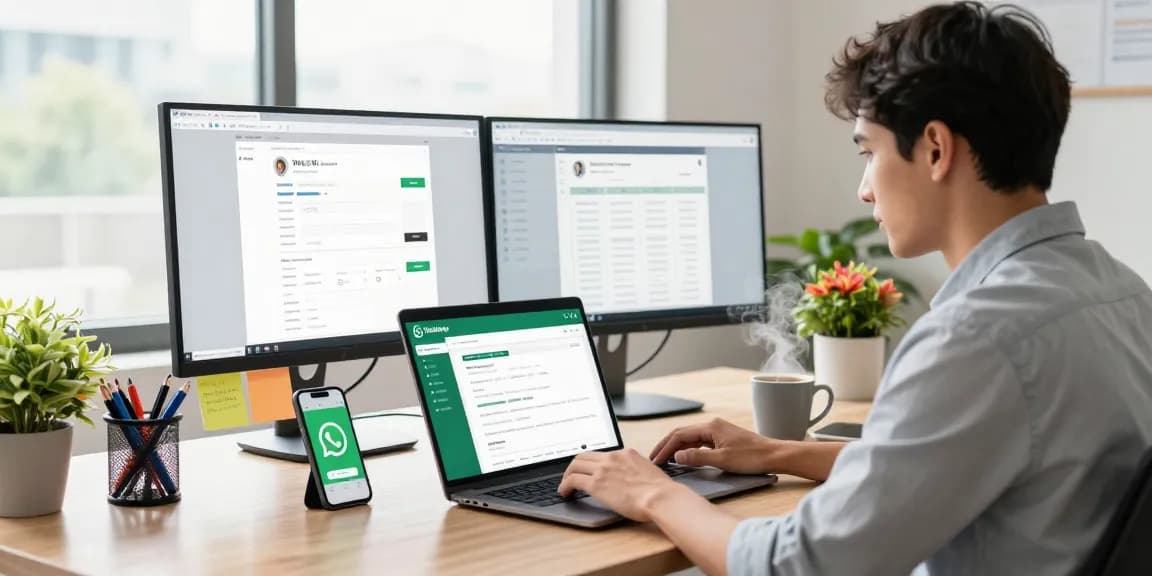 Professional using WhatsApp網頁版 on a laptop in a modern workspace.