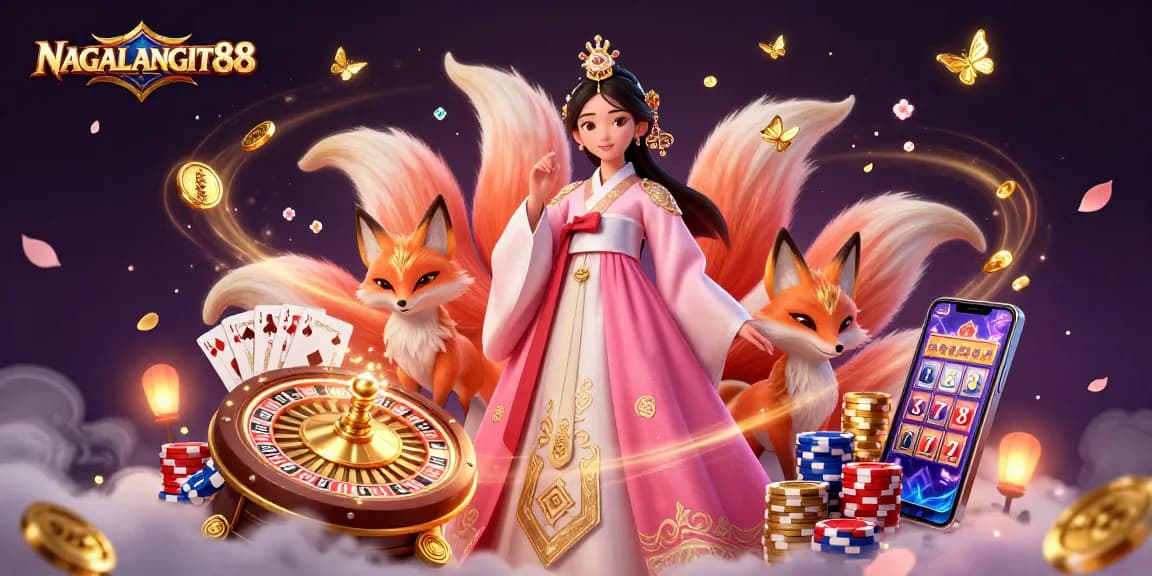 NAGALANGIT88 features a graceful woman and lucky fox in vibrant casino scene filled with golden coins and gaming elements.