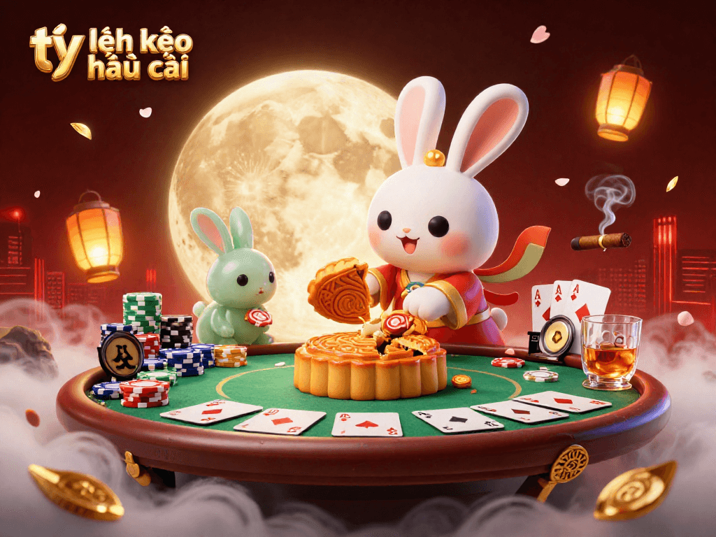 Experience thrilling tỷ lệ kèo nhà cái action with a 3D illustration featuring a moon rabbit surrounded by poker chips.