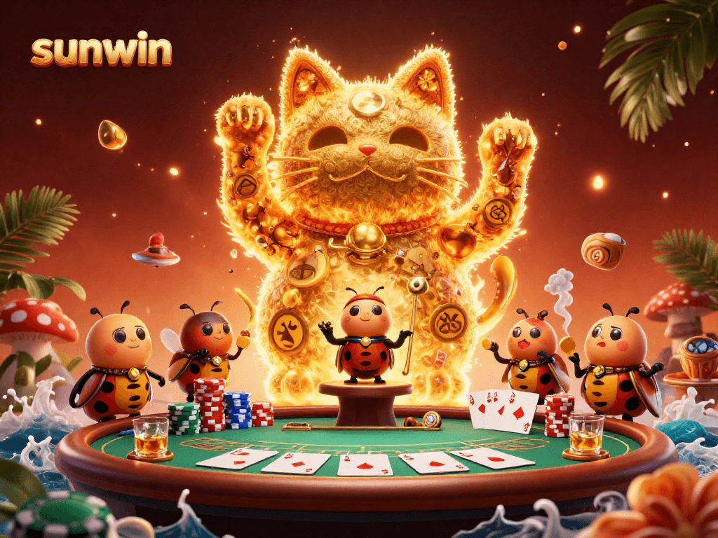 Experience the vibrant energy of sunwin's casino world, featuring a lucky cat and poker elements.