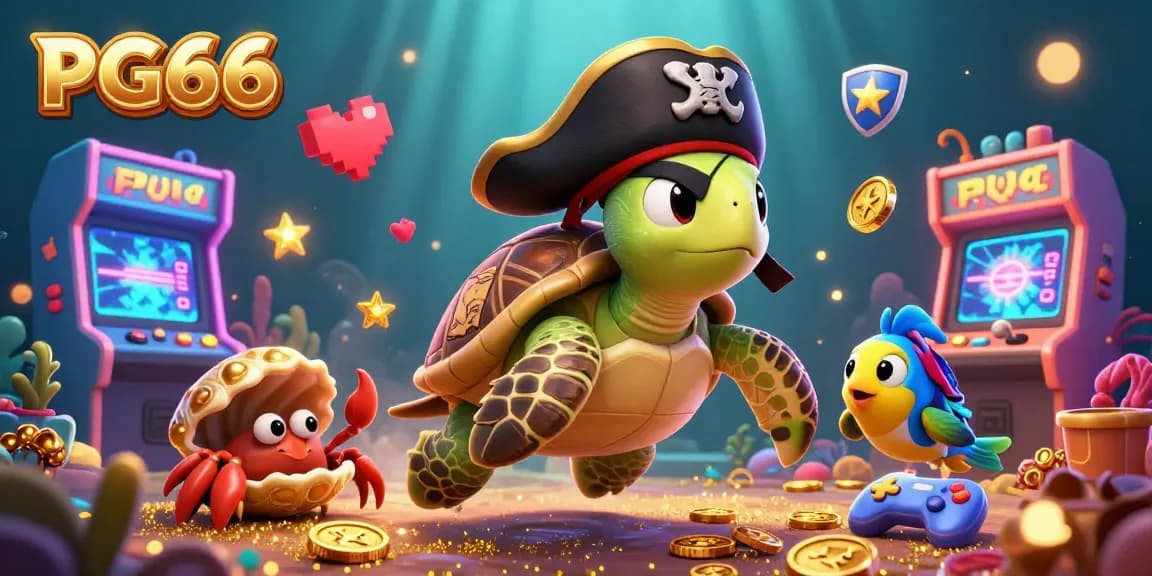 Experience the vibrant underwater world of PG66 with a cartoon turtle, crab, and parrotfish surrounded by casino elements.