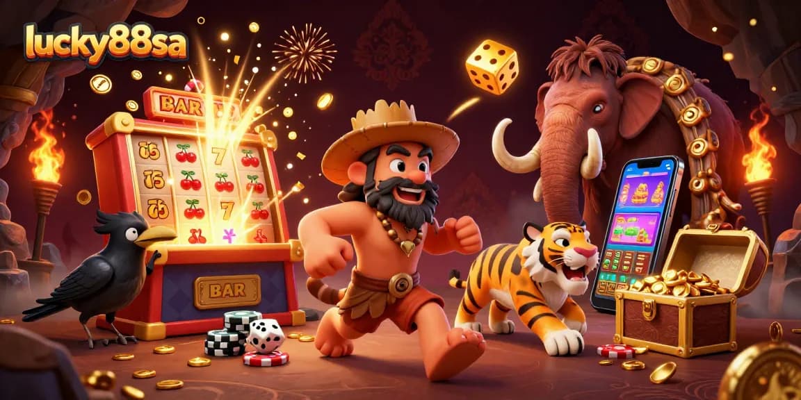 Experience the excitement of lucky88sa with a vibrant prehistoric casino scene featuring slots and dynamic elements.