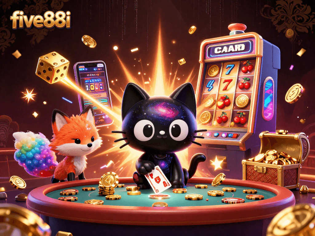 Engaging five88i scene with a black hole cat and nebula fox amidst vibrant casino elements